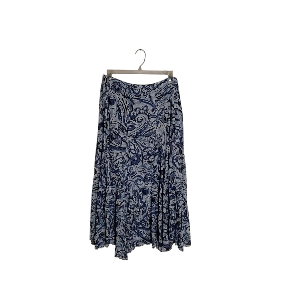 Rafael Women's M Paisley Print Blue White Spring Flowy Pleats Elastic Midi Skirt - Picture 2 of 4